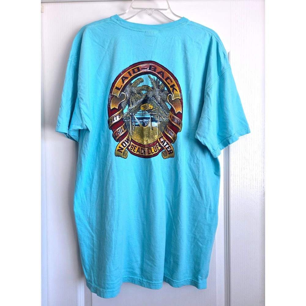 Comfort Colors Laid Back Beach Club Graphic T-Shirt Turquoise Blue Cotton Sz XL